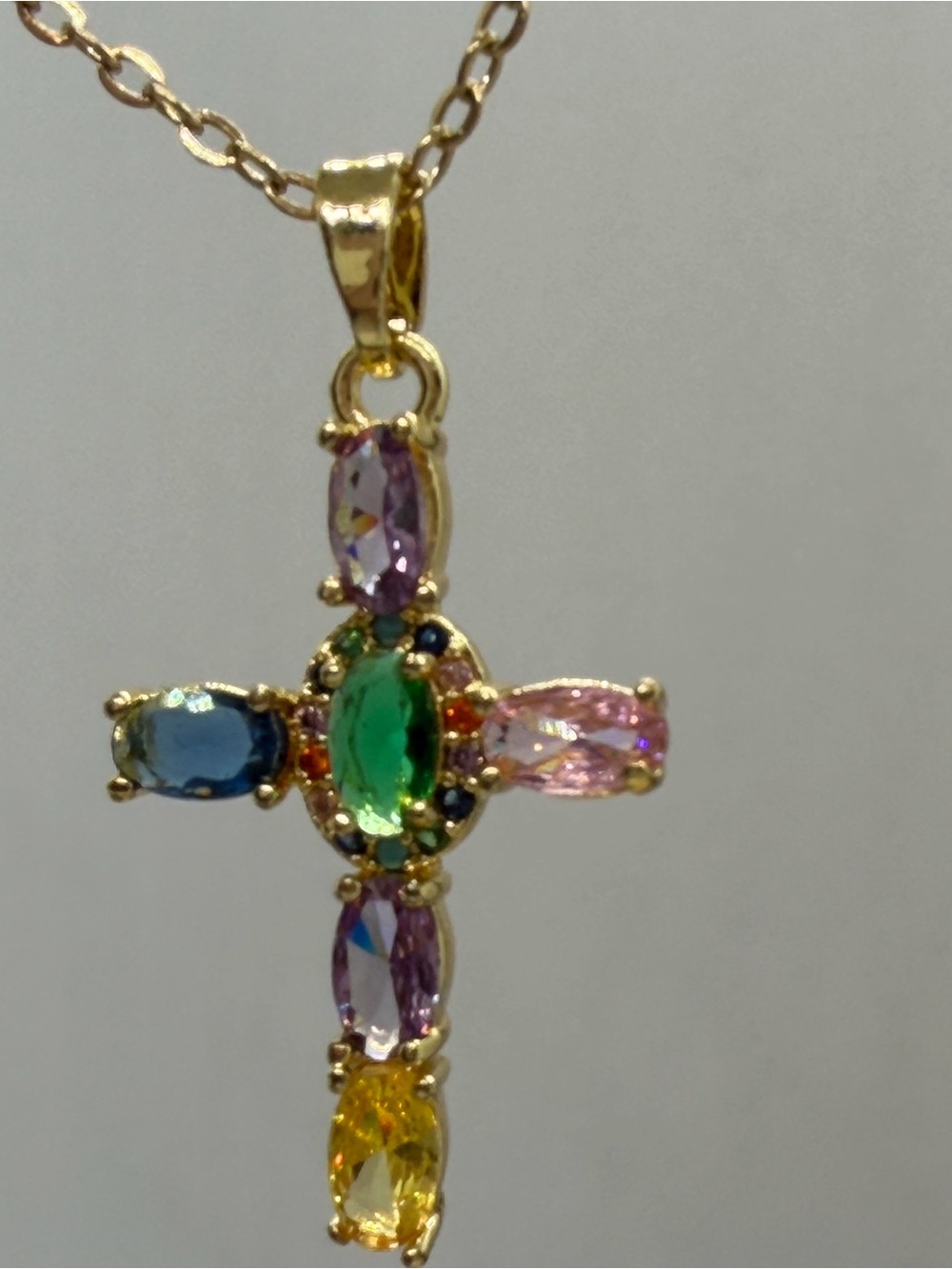 Gold Cross Necklace with Multicolor Gemstone Accents
